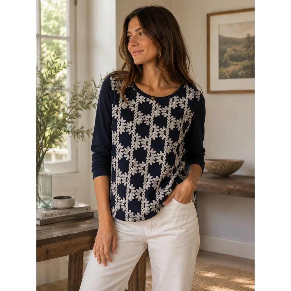 J Crew Shirt Womens XXS Navy Blue Floral‎ Tee Embroidered Preppy Coastal